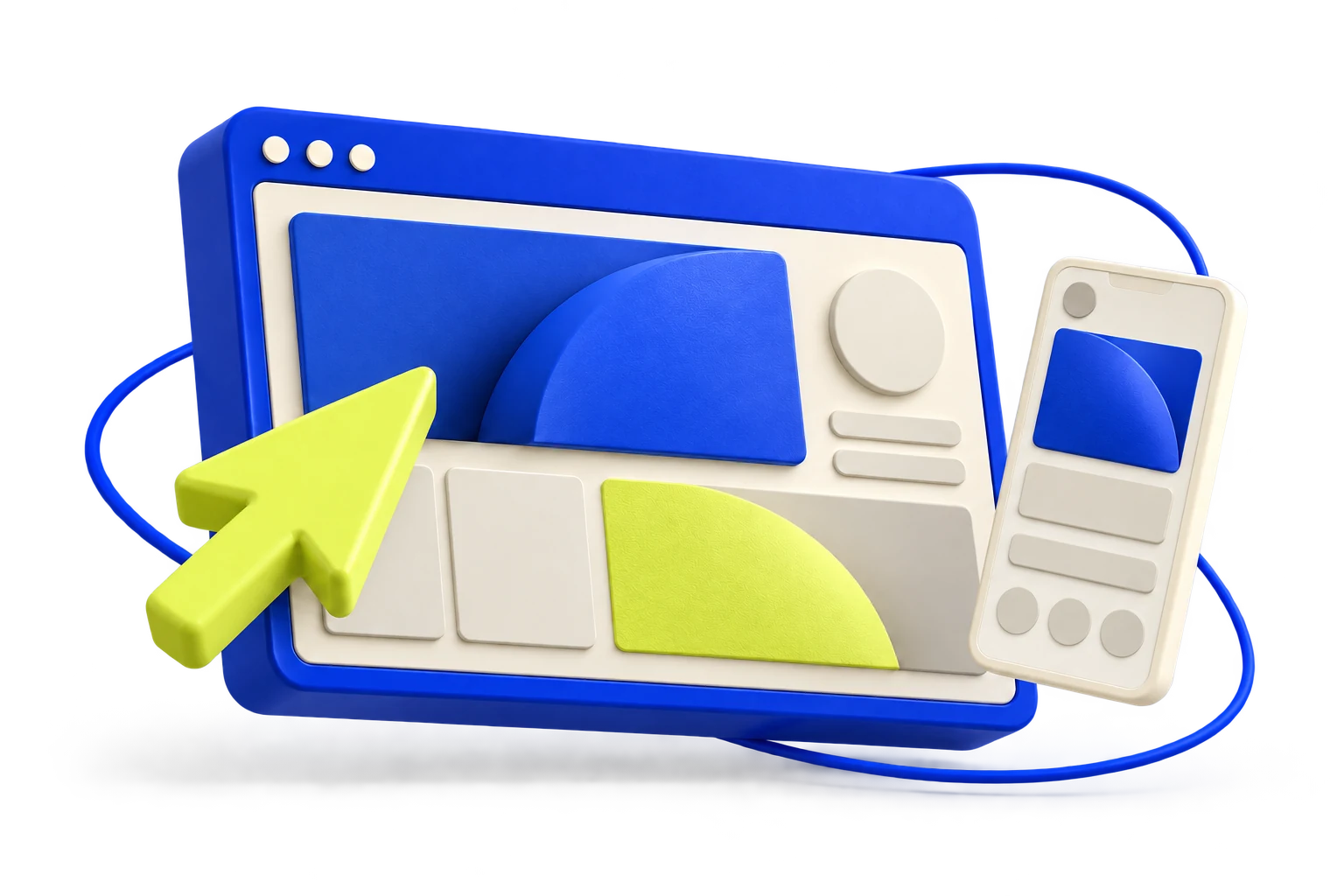 Sculptural blue browser and lime pointer, a visual study in digital craft.