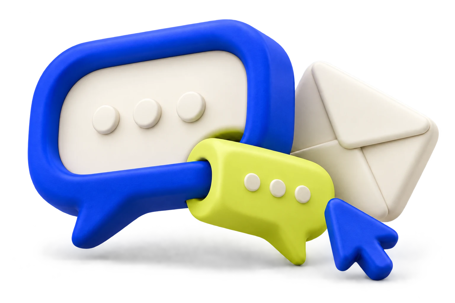 Blue and lime sculptural speech bubbles and an ivory envelope, inviting a conversation.